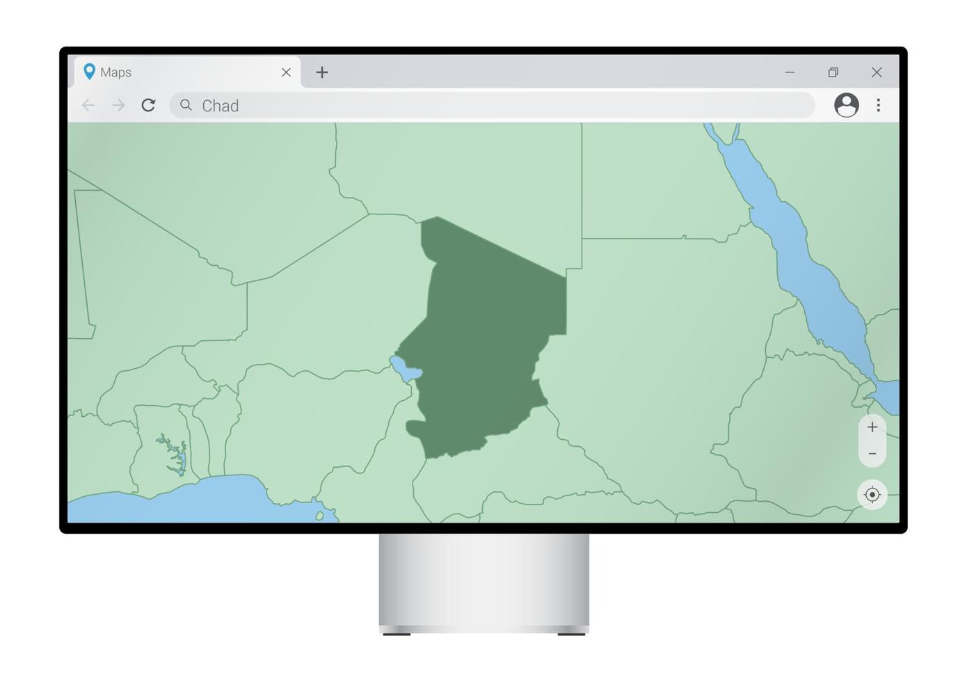 monitor de computadora con mapa de chad en el navegador, busque el país de chad en el programa de mapeo web. vector