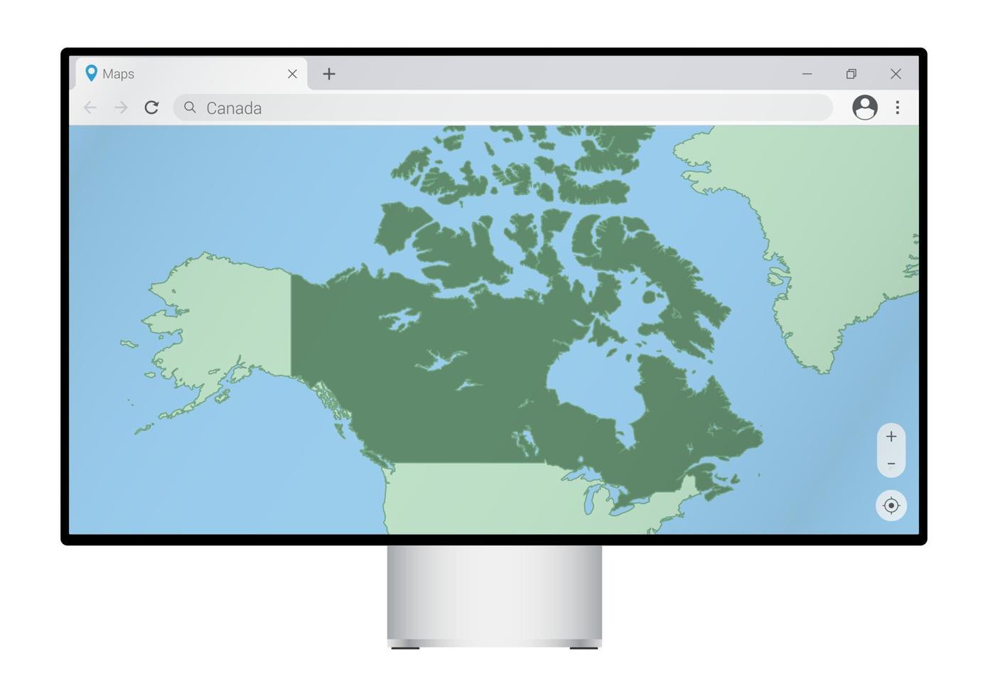 Computer monitor with map of Canada in browser, search for the country of Canada on the web mapping program. vector