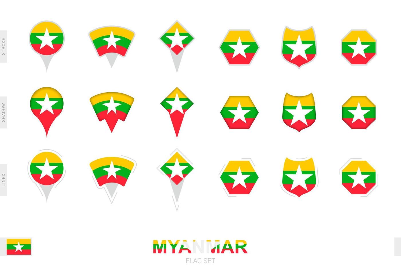 Collection of the Myanmar flag in different shapes and with three different effects. vector