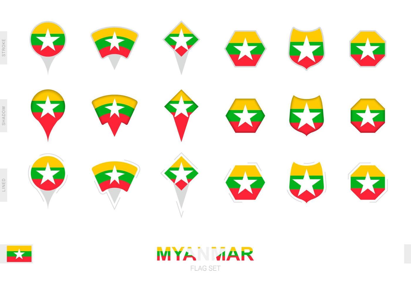 colección de la bandera de myanmar en diferentes formas y con tres efectos diferentes. vector