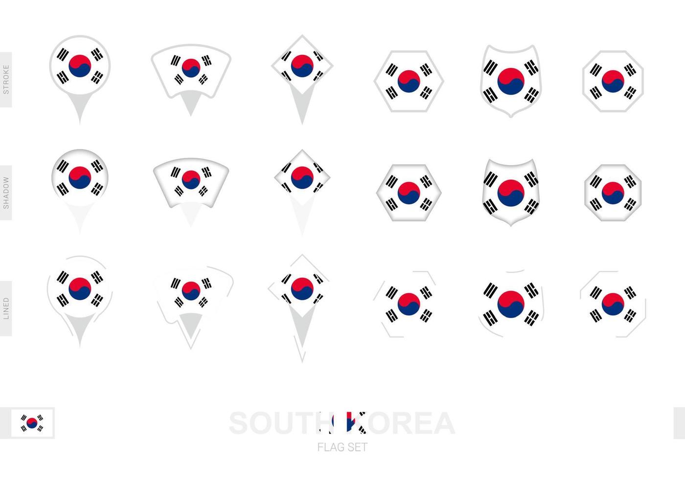 colección de la bandera de corea del sur en diferentes formas y con tres efectos diferentes. vector