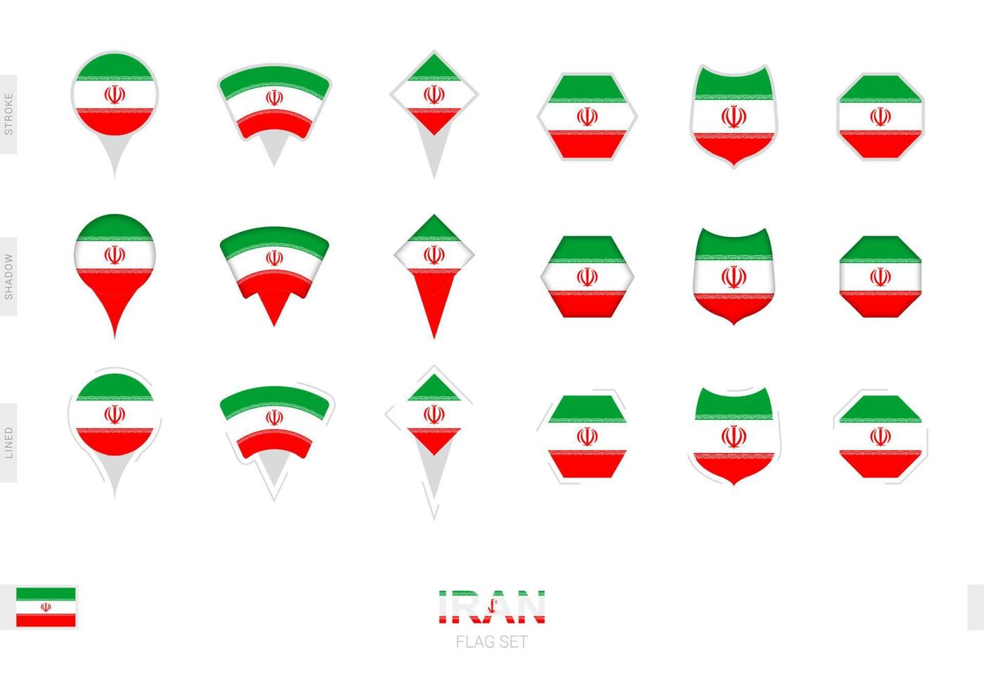 Collection of the Iran flag in different shapes and with three different effects. vector