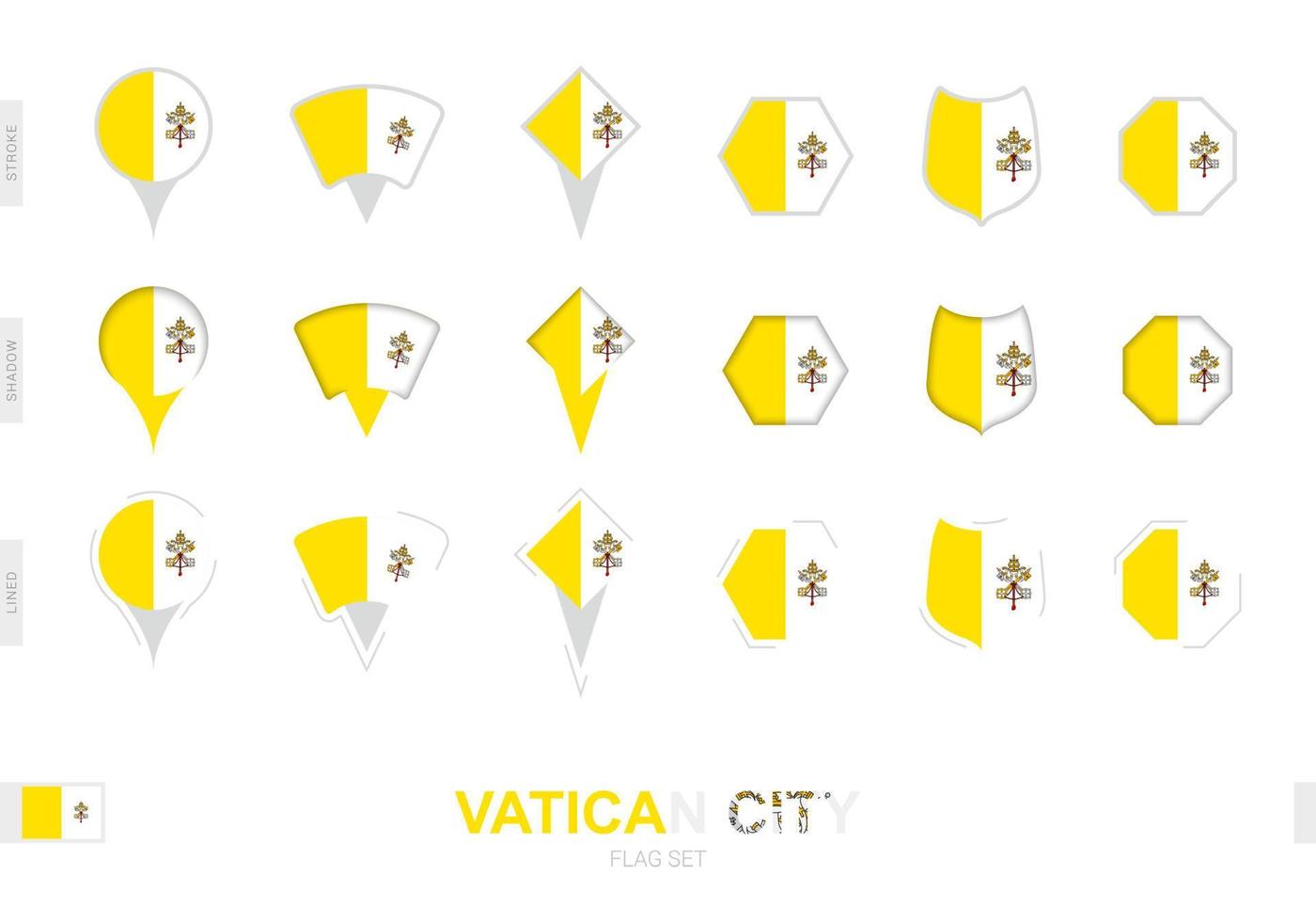 Collection of the Vatican City flag in different shapes and with three different effects. vector