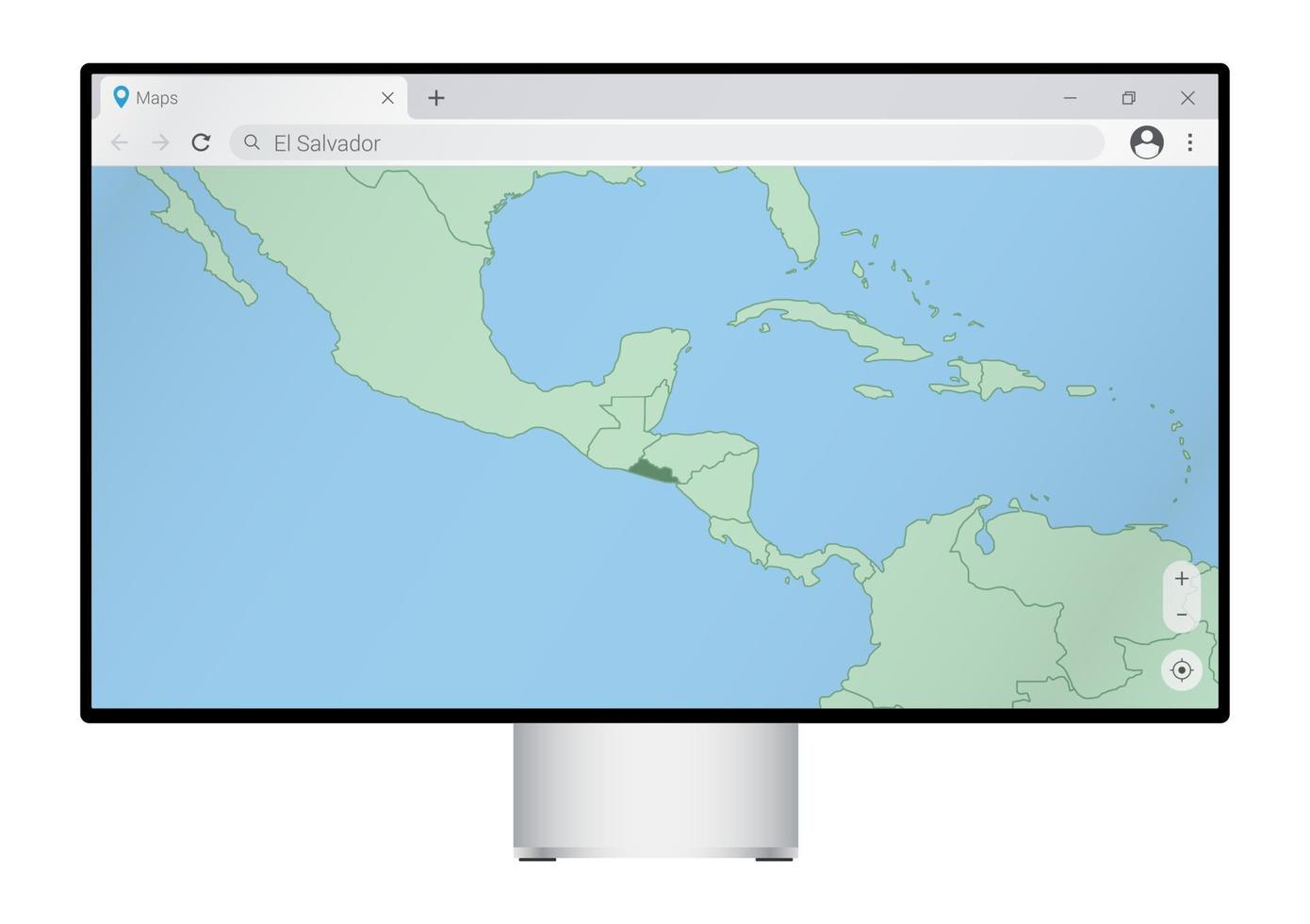 Computer monitor with map of El Salvador in browser, search for the country of El Salvador on the web mapping program. vector