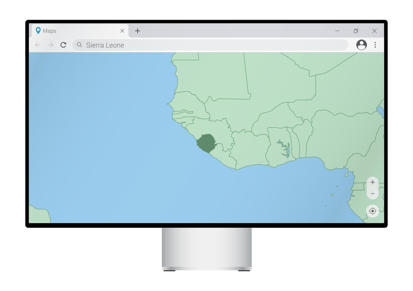 Computer monitor with map of Sierra Leone in browser, search for the country of Sierra Leone on the web mapping program. vector