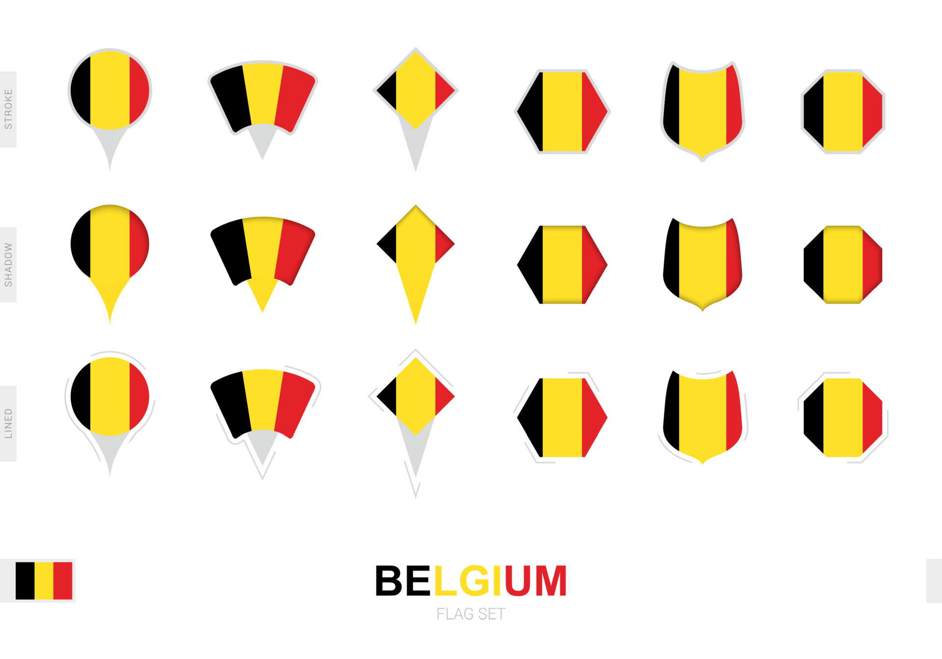 Collection of the Belgium flag in different shapes and with three