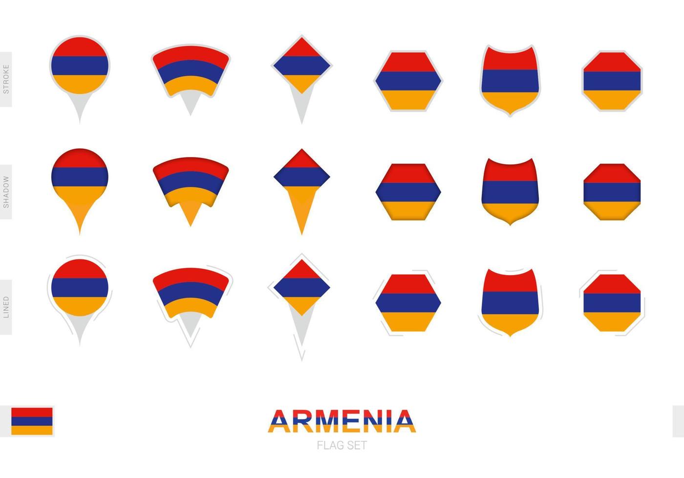 Collection of the Armenia flag in different shapes and with three different effects. vector