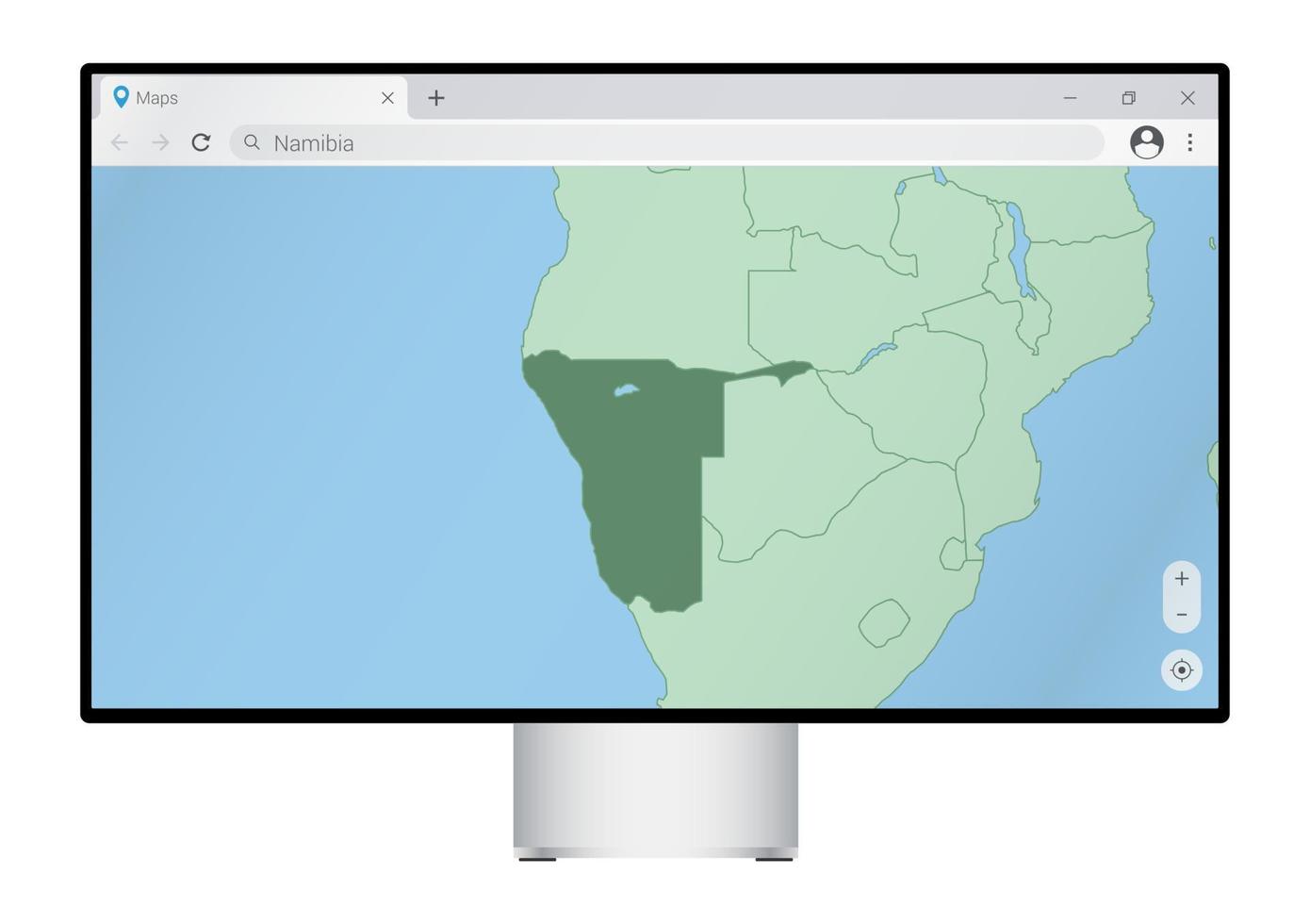 monitor de computadora con mapa de namibia en el navegador, busque el país de namibia en el programa de mapeo web. vector