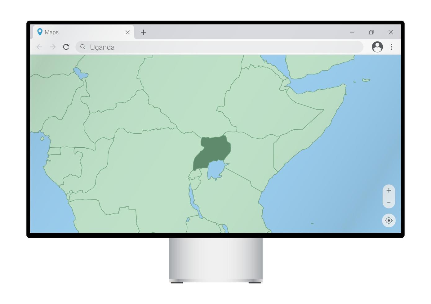 Computer monitor with map of Uganda in browser, search for the country of Uganda on the web mapping program. vector