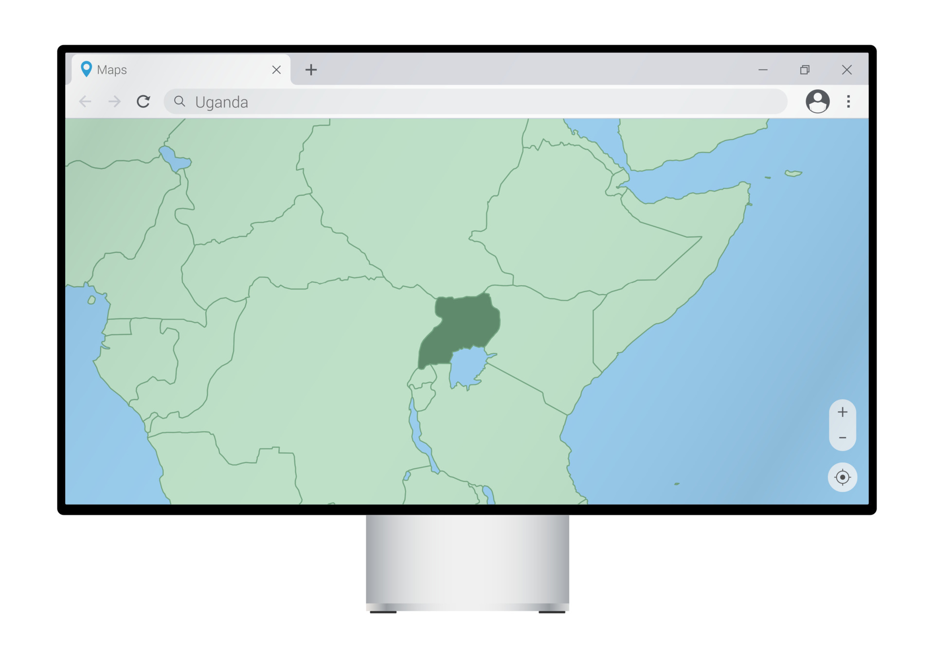 Computer monitor with map of Uganda in browser, search for the country