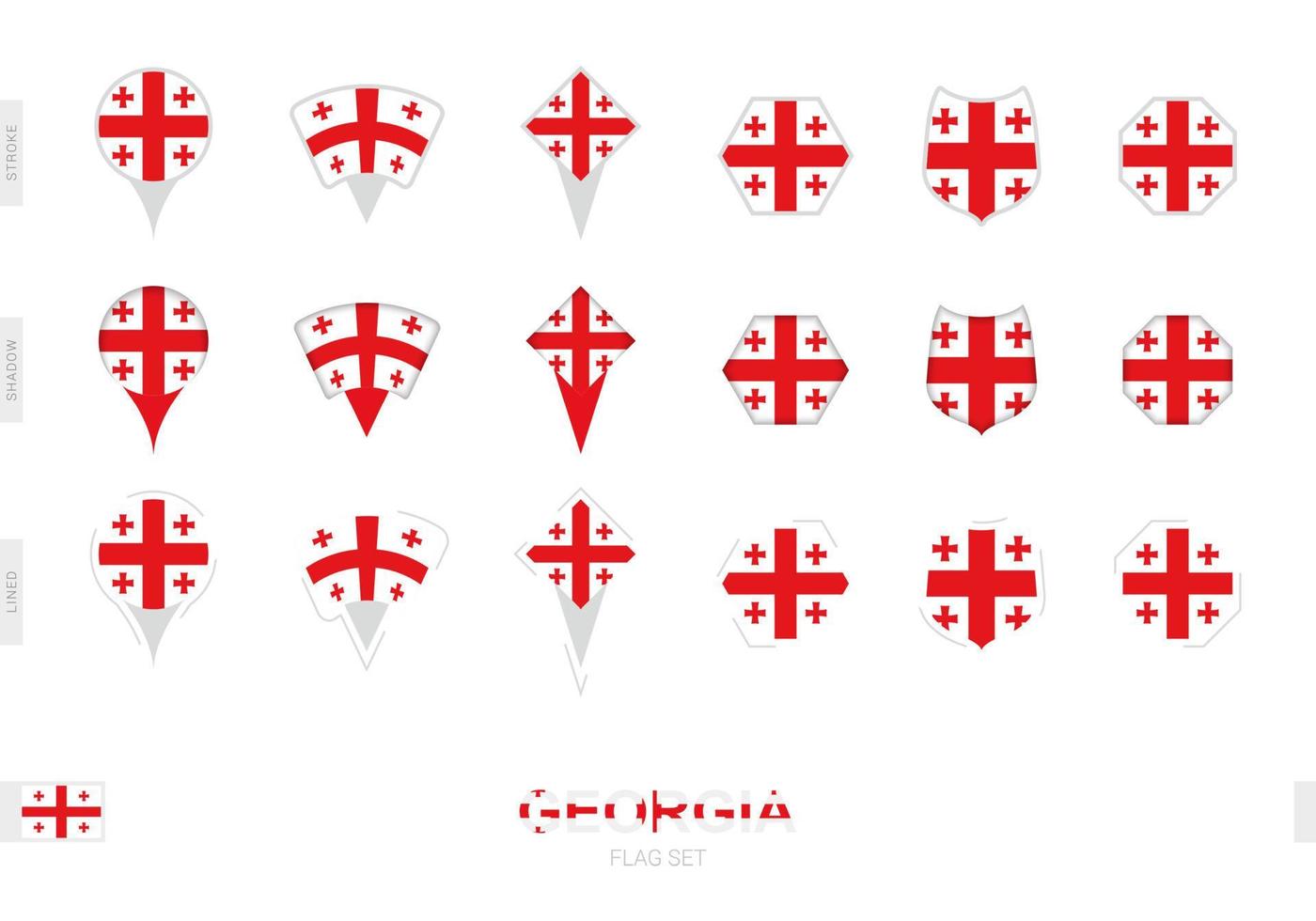 Collection of the Georgia flag in different shapes and with three different effects. vector