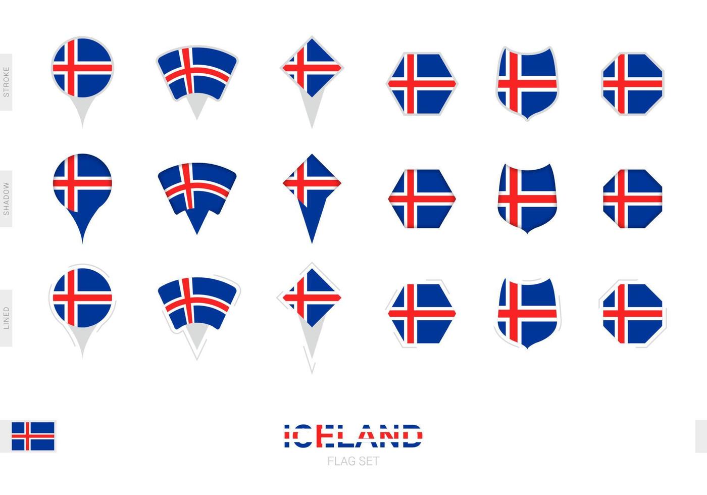 colección de la bandera de islandia en diferentes formas y con tres efectos diferentes. vector