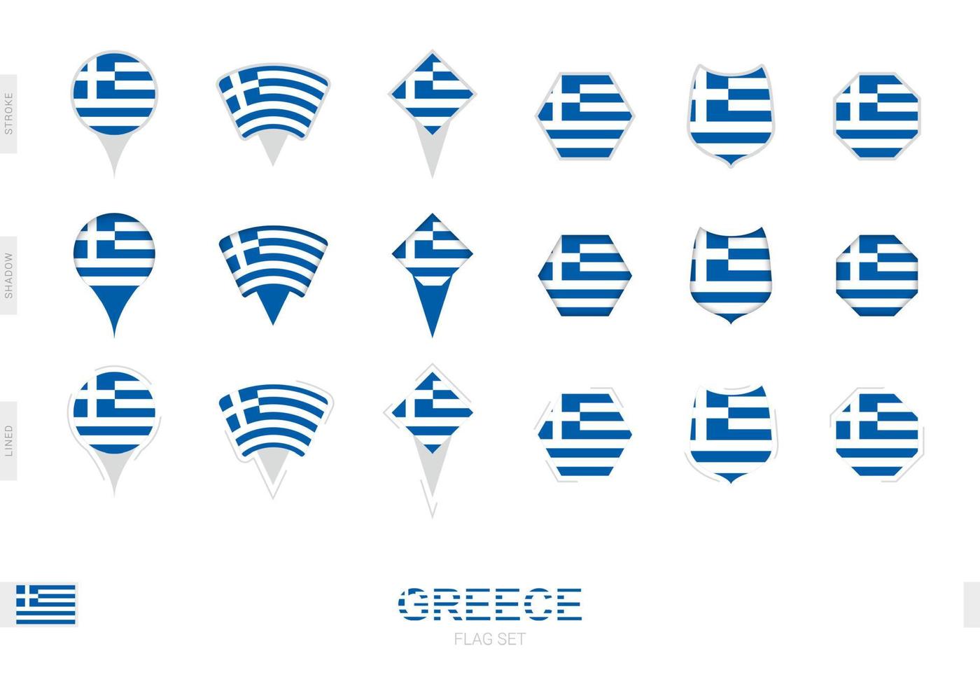 colección de la bandera de grecia en diferentes formas y con tres efectos diferentes. vector