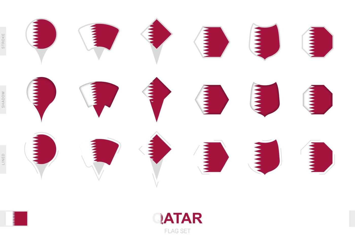 Collection of the Qatar flag in different shapes and with three different effects. vector