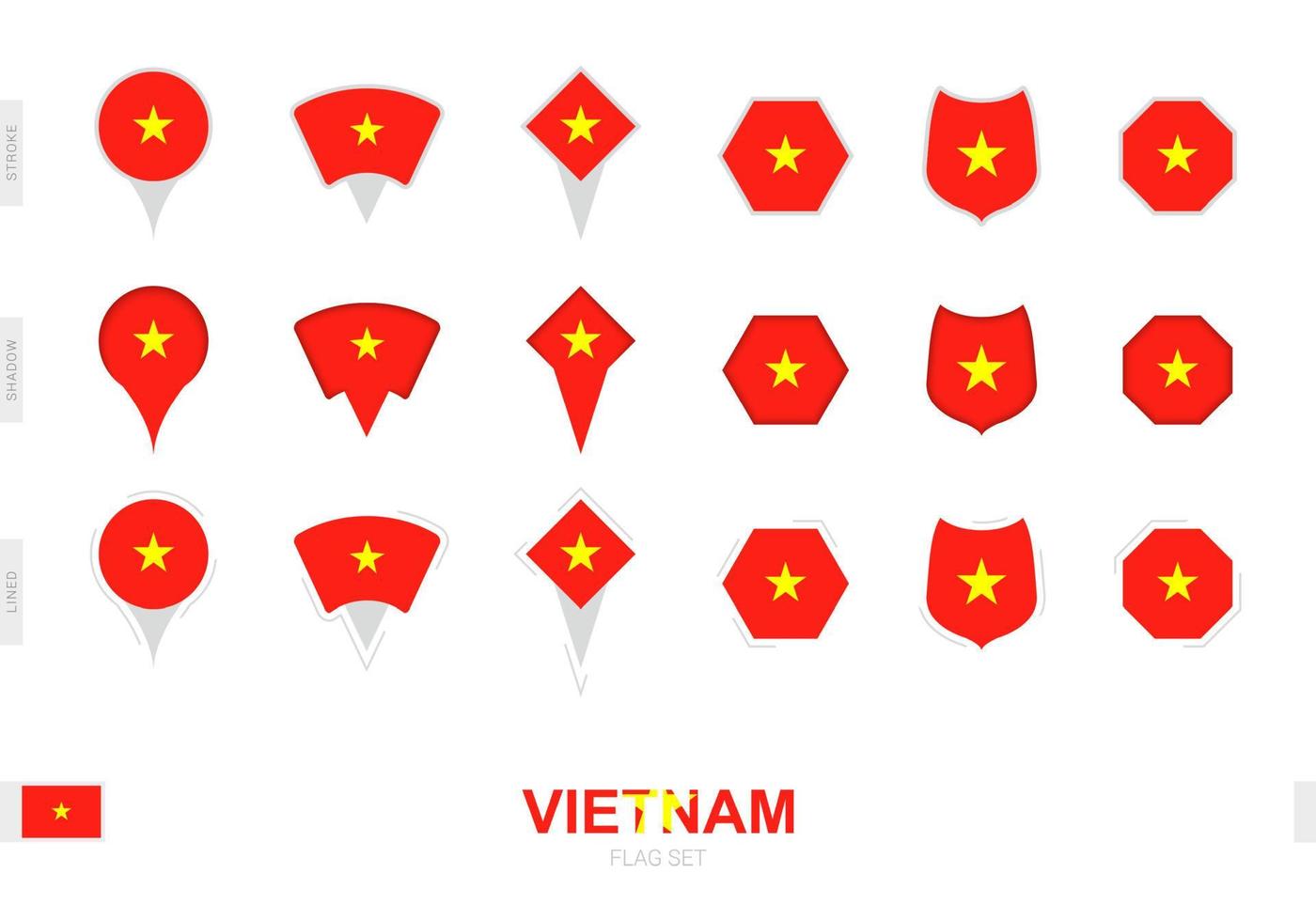 Collection of the Vietnam flag in different shapes and with three different effects. vector