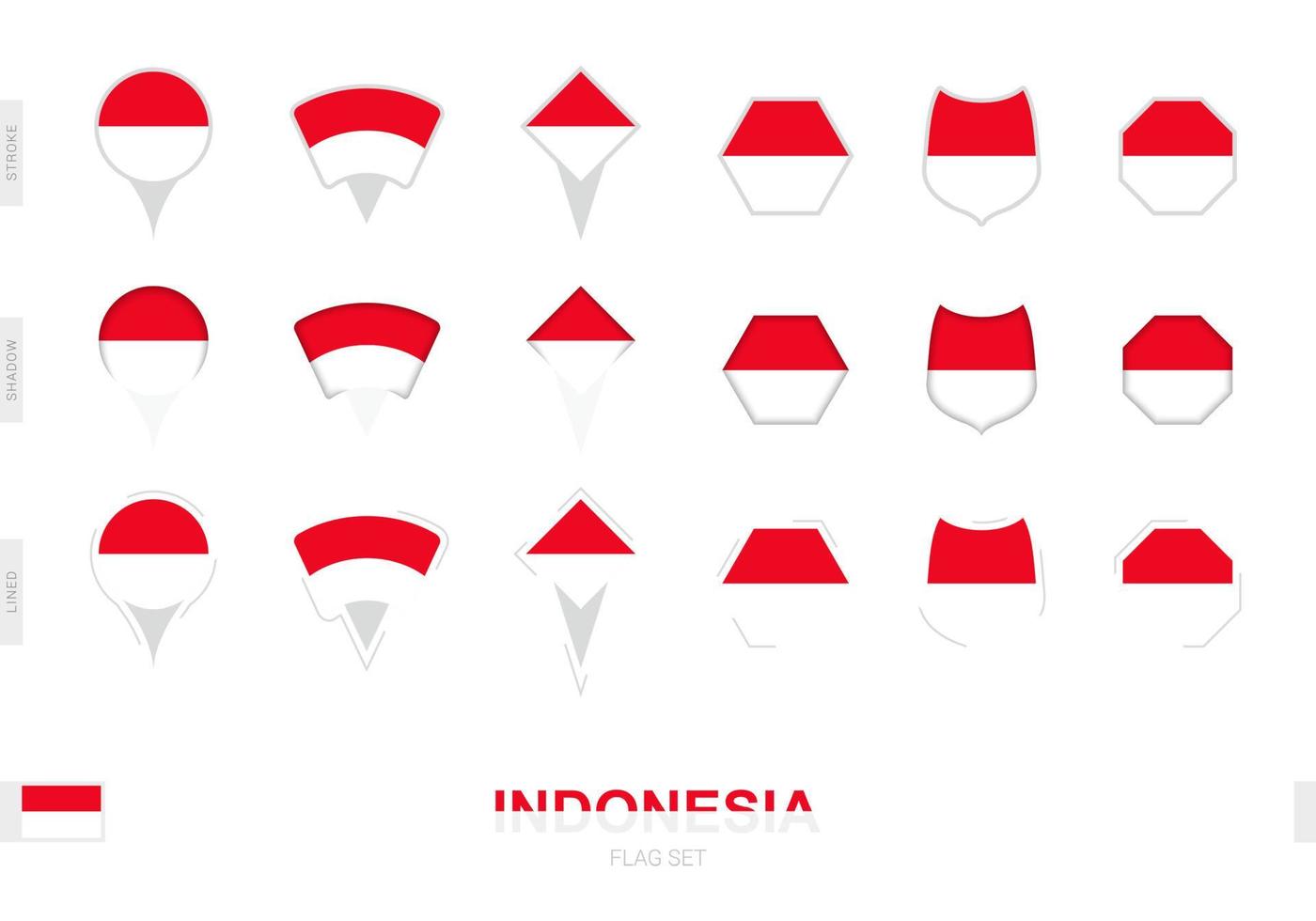 Collection of the Indonesia flag in different shapes and with three different effects. vector