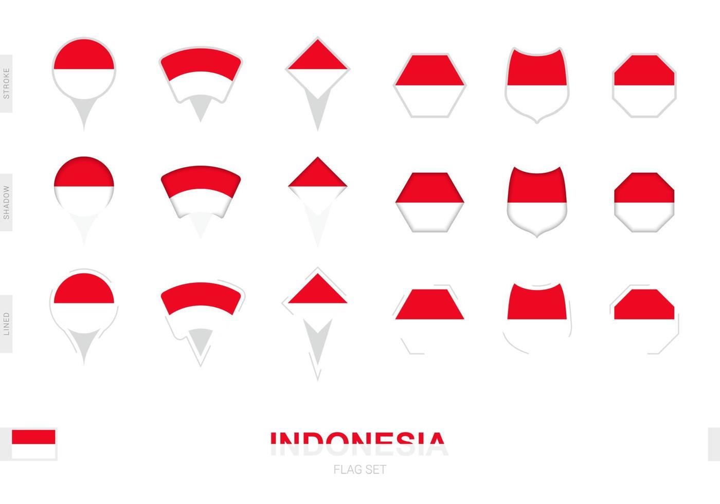 Collection of the Indonesia flag in different shapes and with three different effects. vector