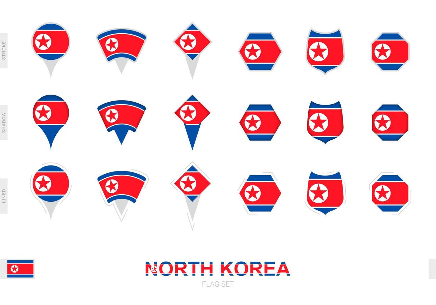 Collection of the North Korea flag in different shapes and with three different effects. vector