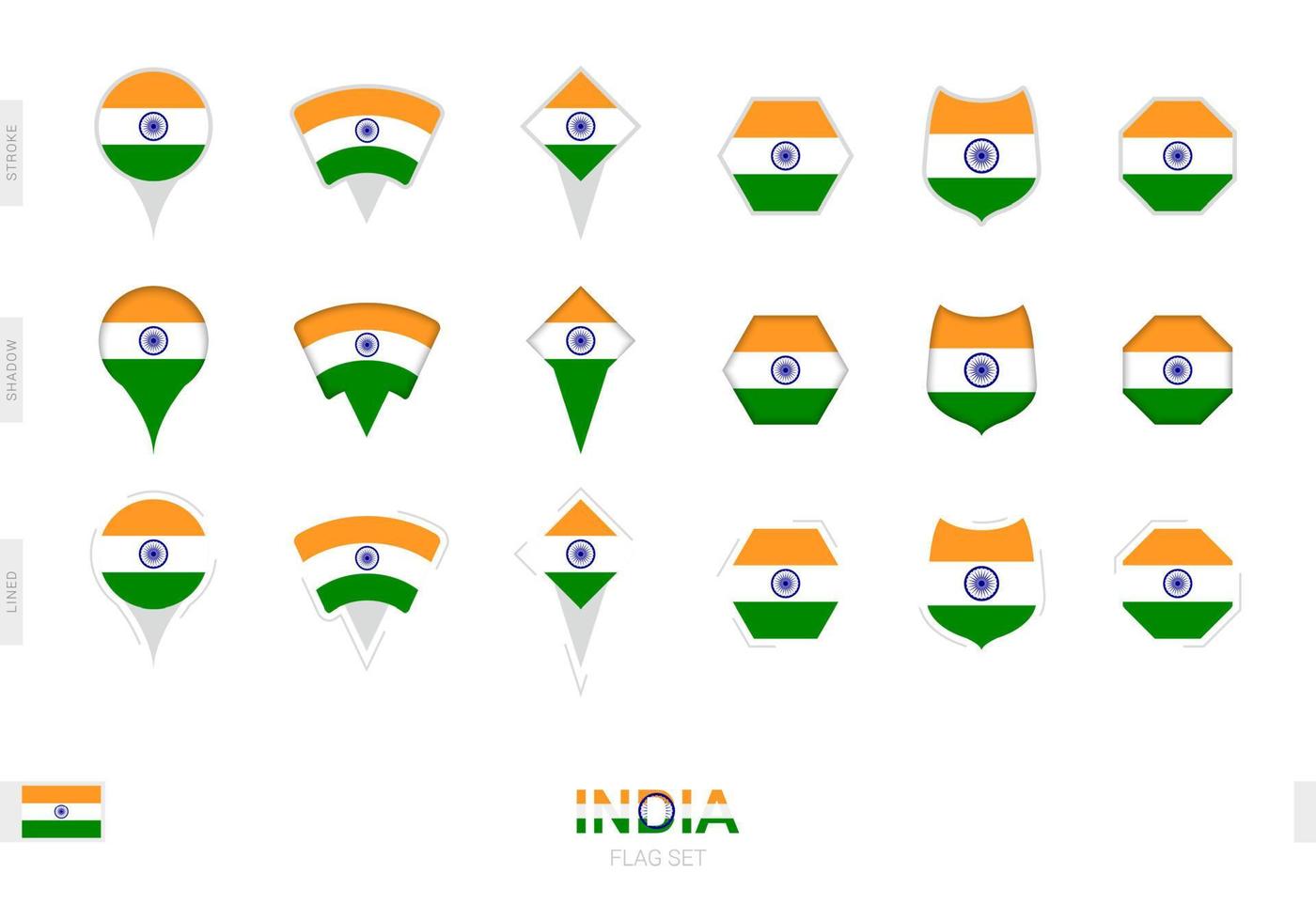 Collection of the India flag in different shapes and with three different effects. vector