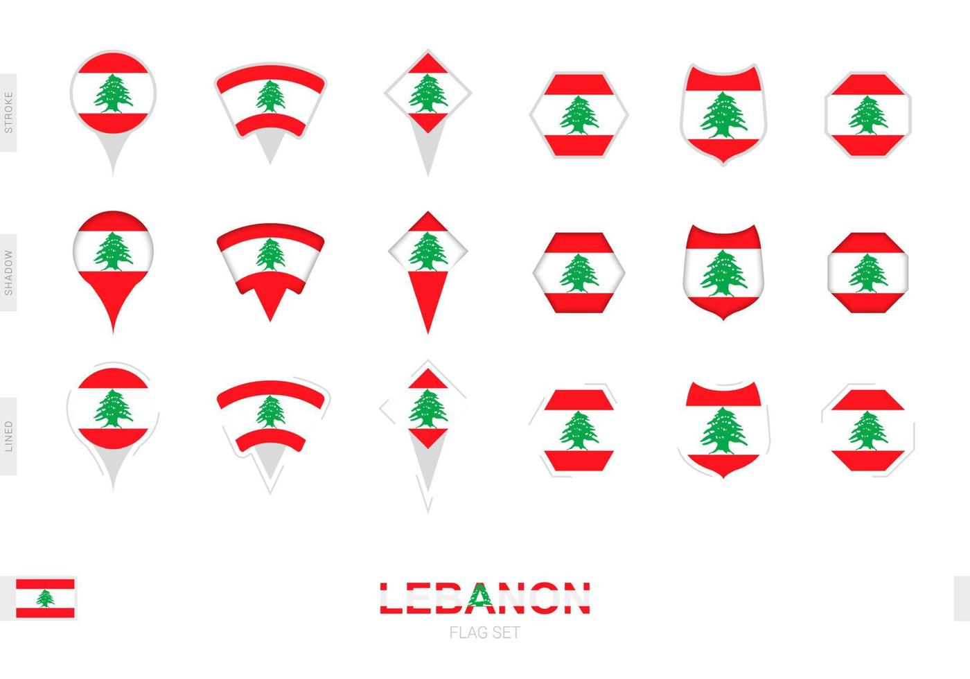 Collection of the Lebanon flag in different shapes and with three different effects. vector