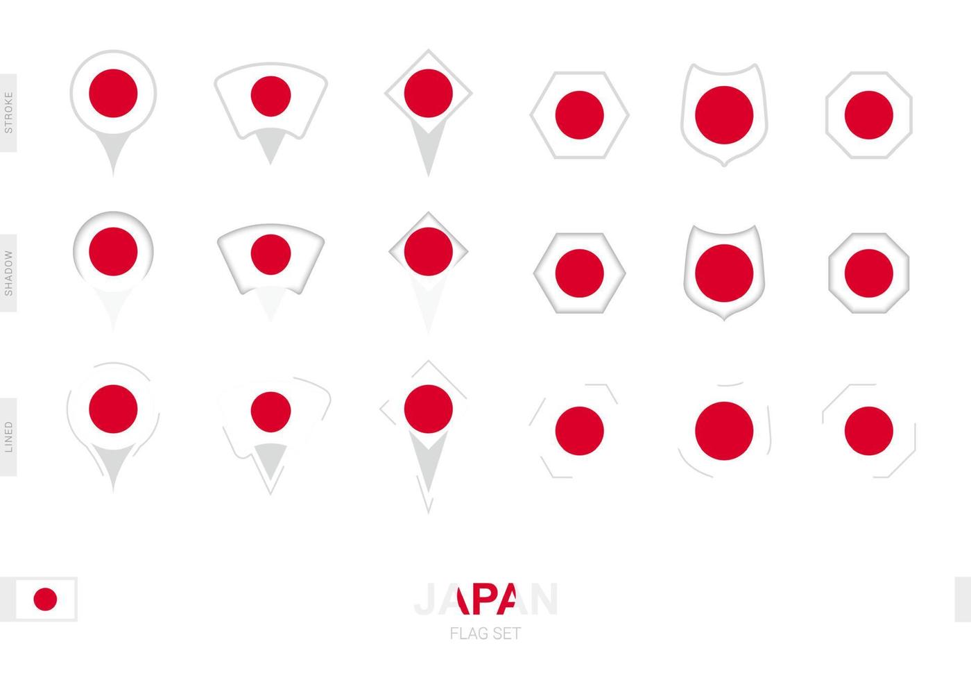 Collection of the Japan flag in different shapes and with three different effects. vector