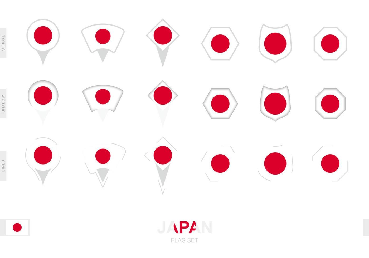 colección de la bandera de japón en diferentes formas y con tres efectos diferentes. vector