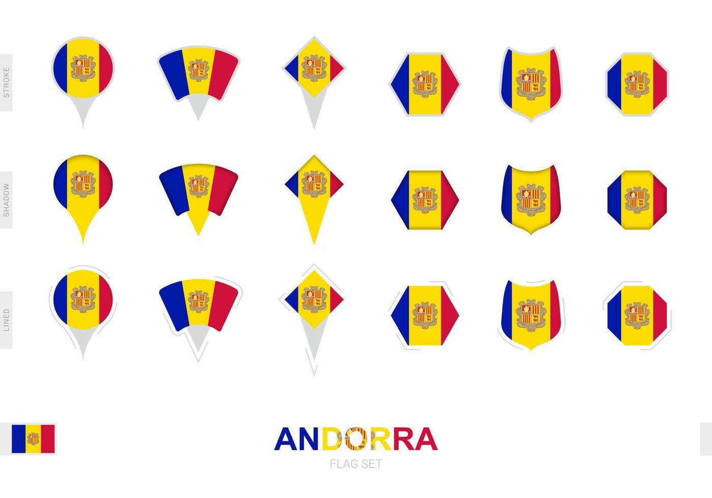 Collection of the Andorra flag in different shapes and with three different effects. vector