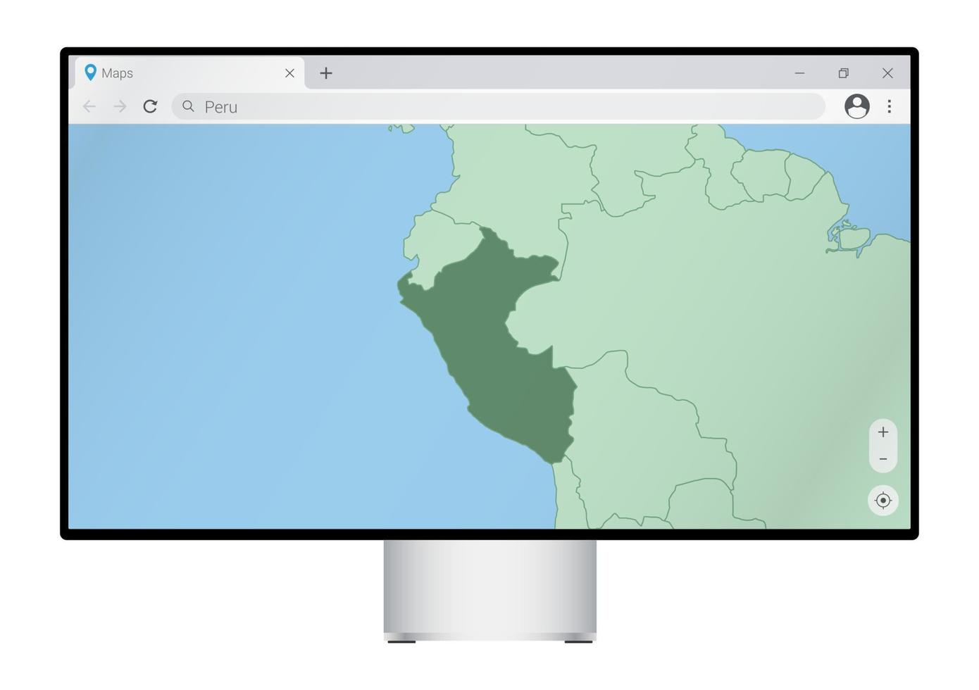 Computer monitor with map of Peru in browser, search for the country of Peru on the web mapping program. vector