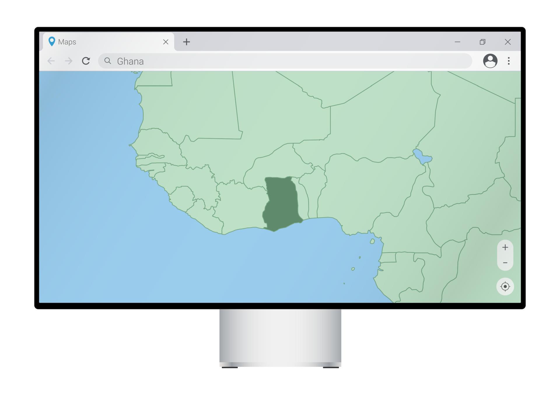Computer monitor with map of Ghana in browser, search for the country