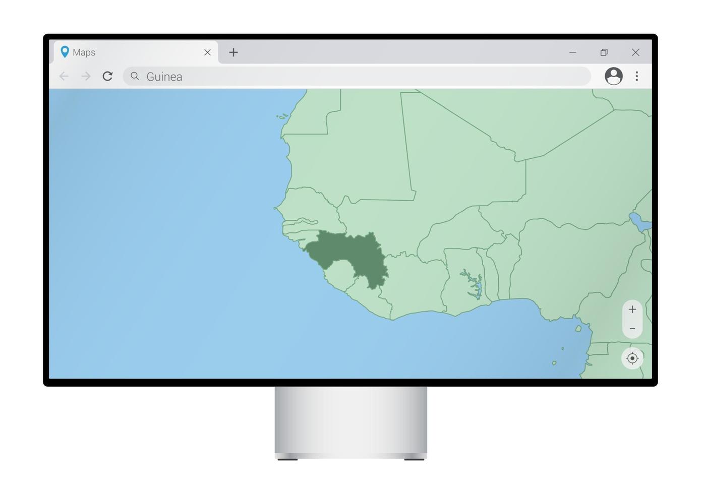 Computer monitor with map of Guinea in browser, search for the country of Guinea on the web mapping program. vector