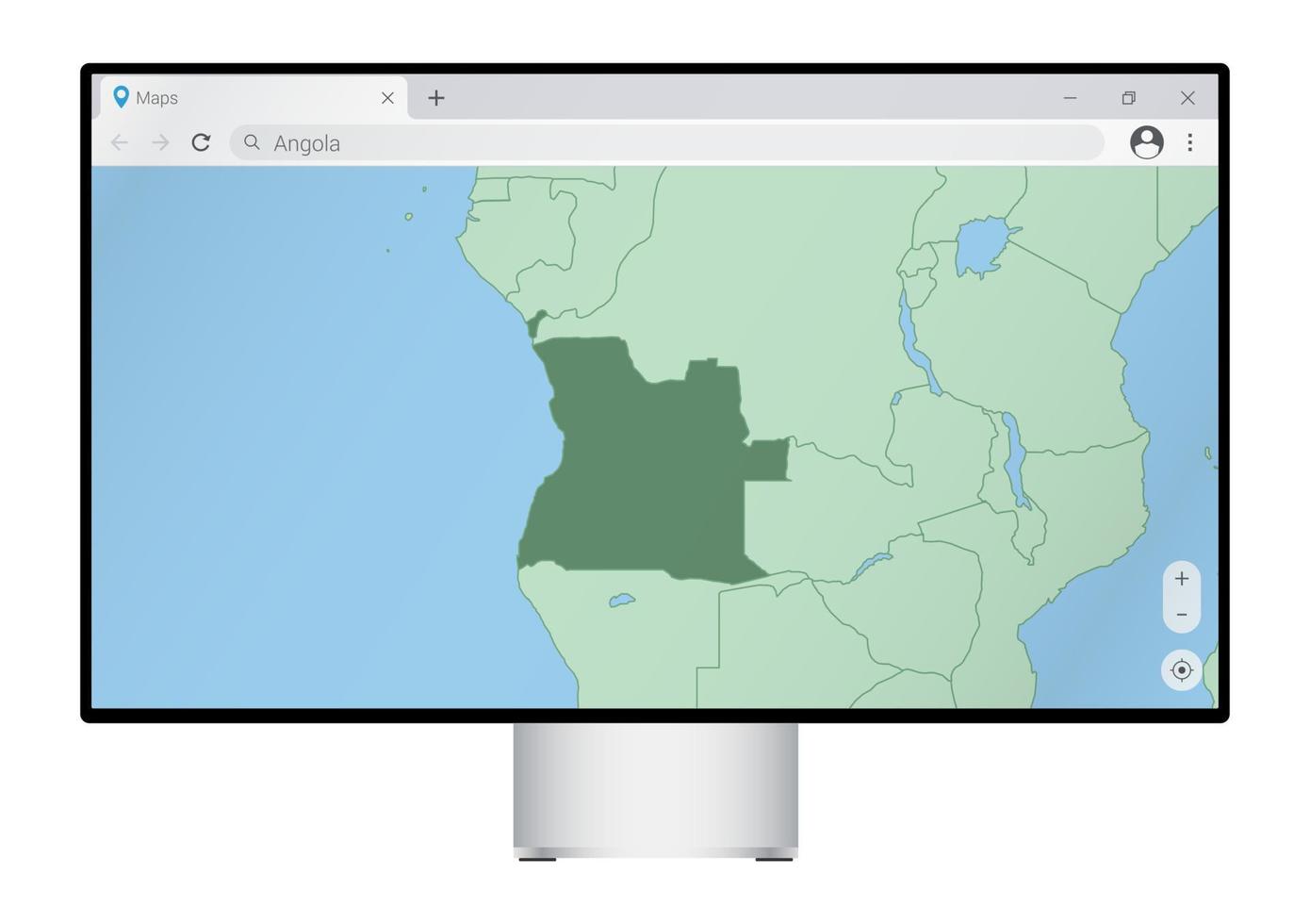 Computer monitor with map of Angola in browser, search for the country of Angola on the web mapping program. vector