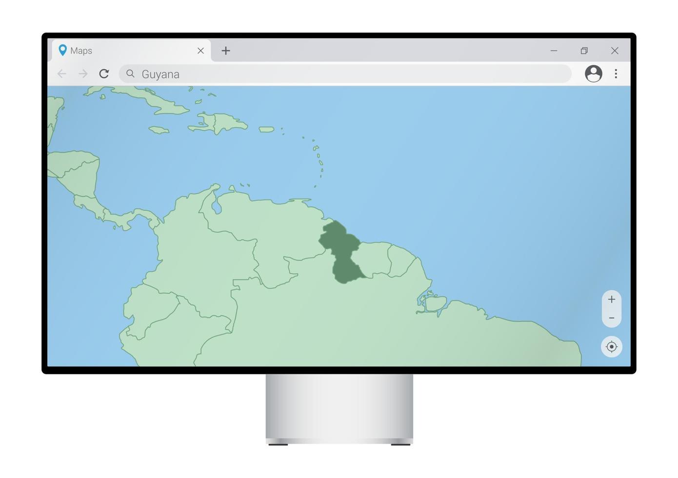 Computer monitor with map of Guyana in browser, search for the country of Guyana on the web mapping program. vector