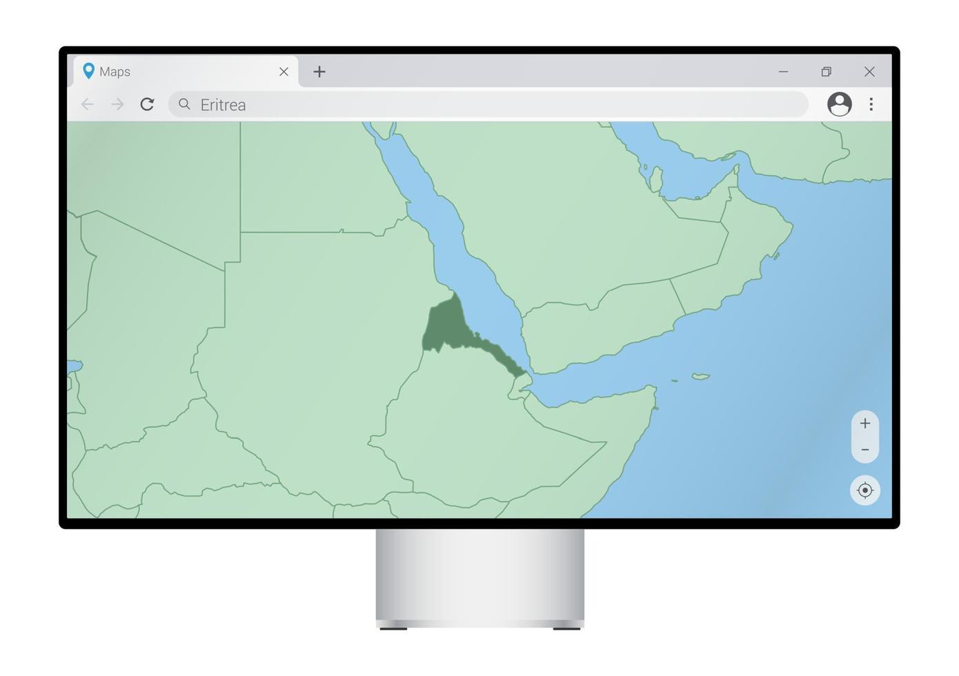 Computer monitor with map of Eritrea in browser, search for the country of Eritrea on the web mapping program. vector