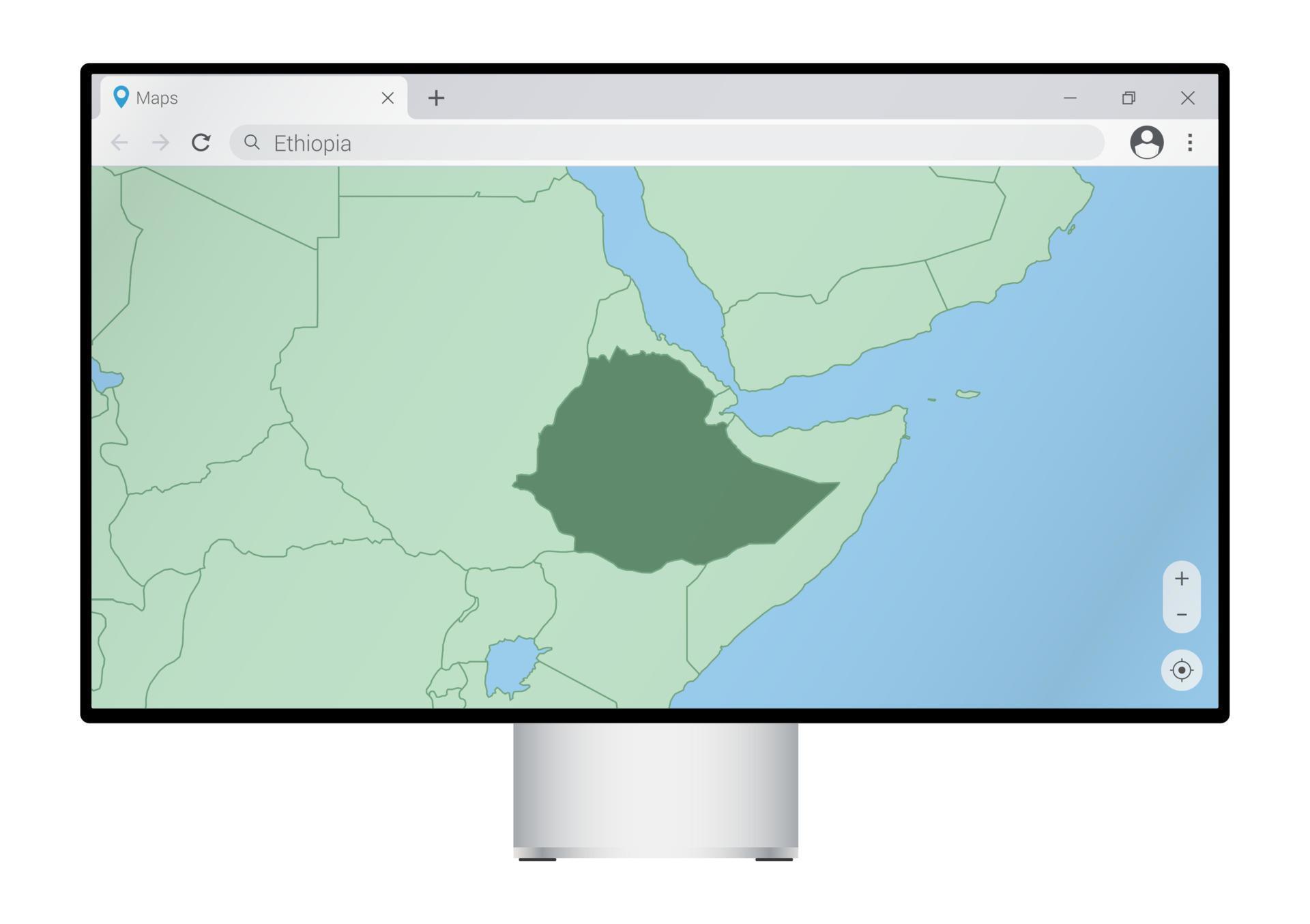 Computer monitor with map of Ethiopia in browser, search for the country of Ethiopia on the web