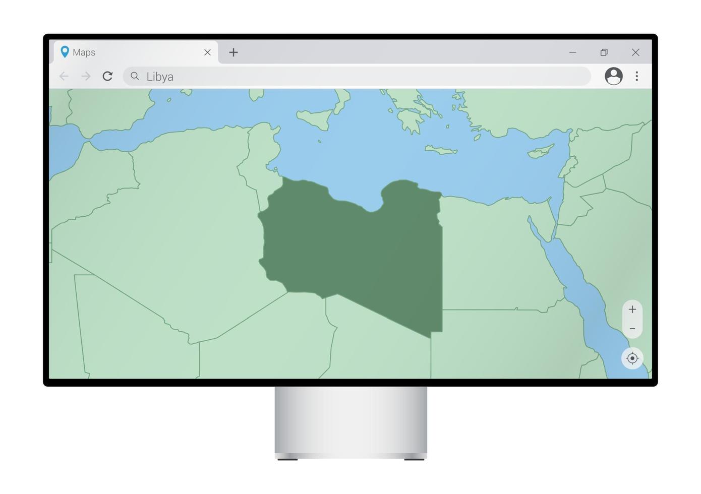 Computer monitor with map of Libya in browser, search for the country of Libya on the web mapping program. vector