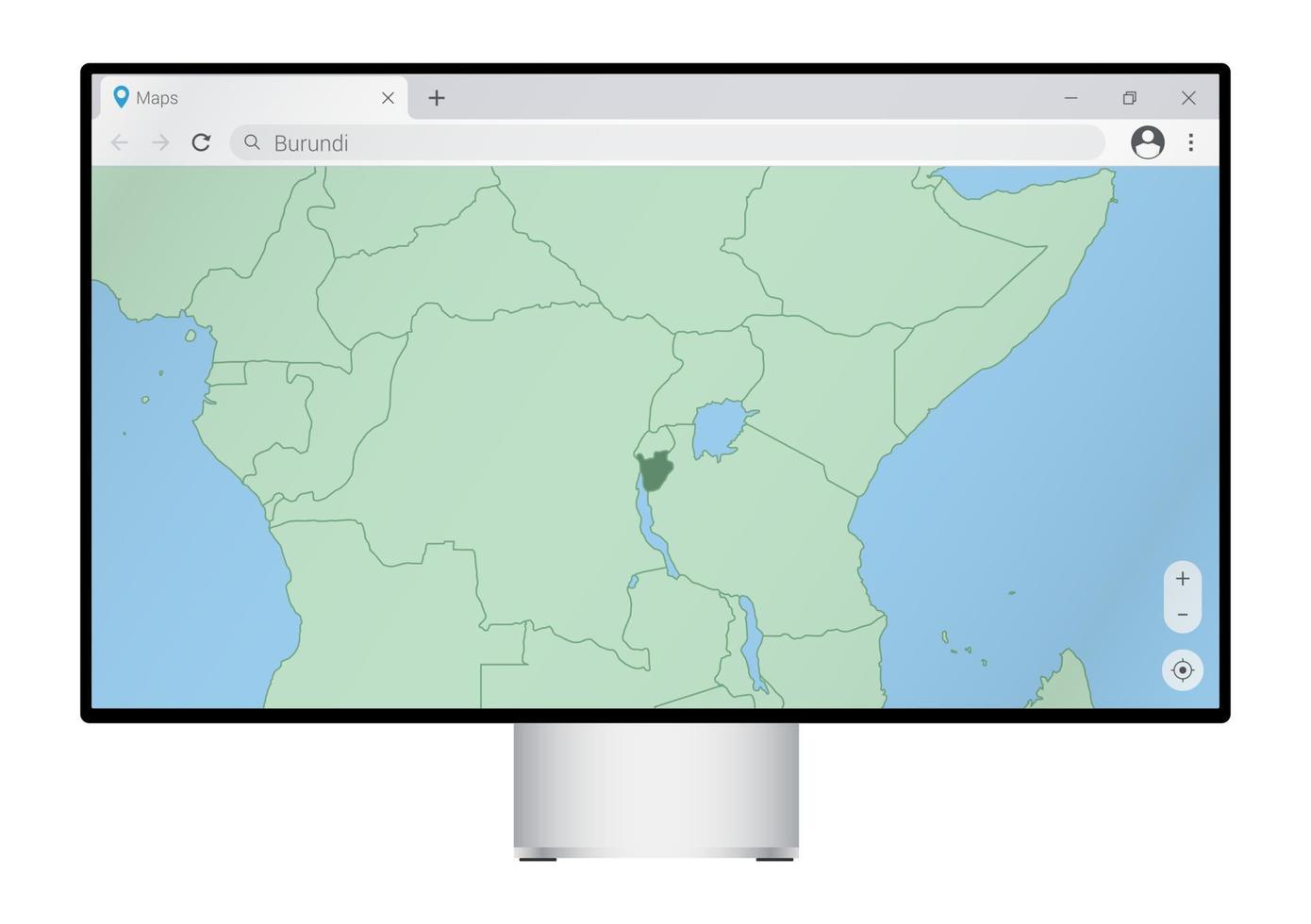 Computer monitor with map of Burundi in browser, search for the country of Burundi on the web mapping program. vector