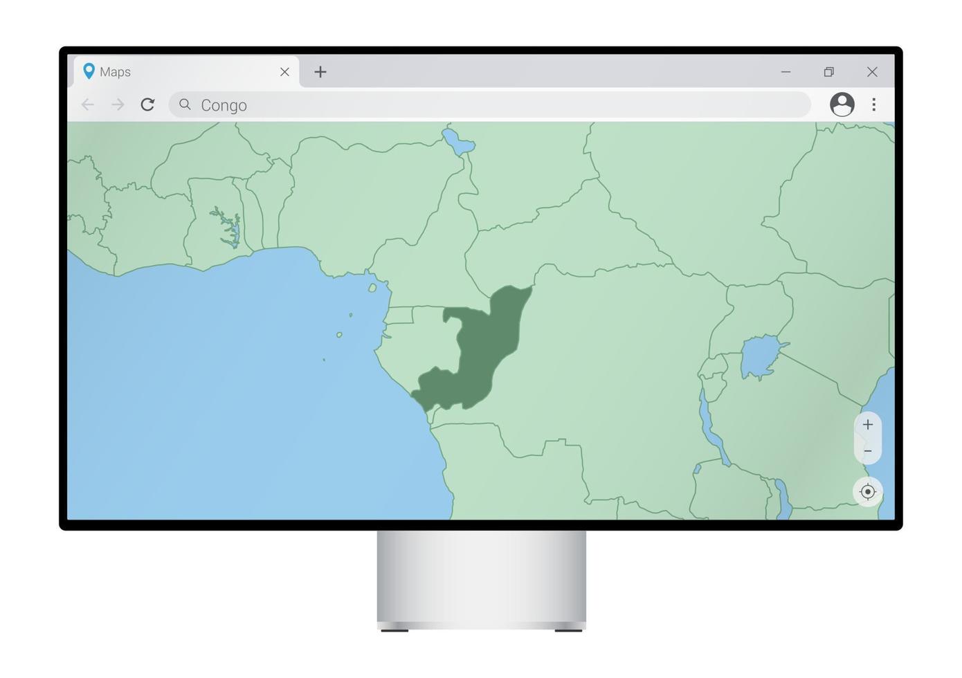 Computer monitor with map of Congo in browser, search for the country of Congo on the web mapping program. vector