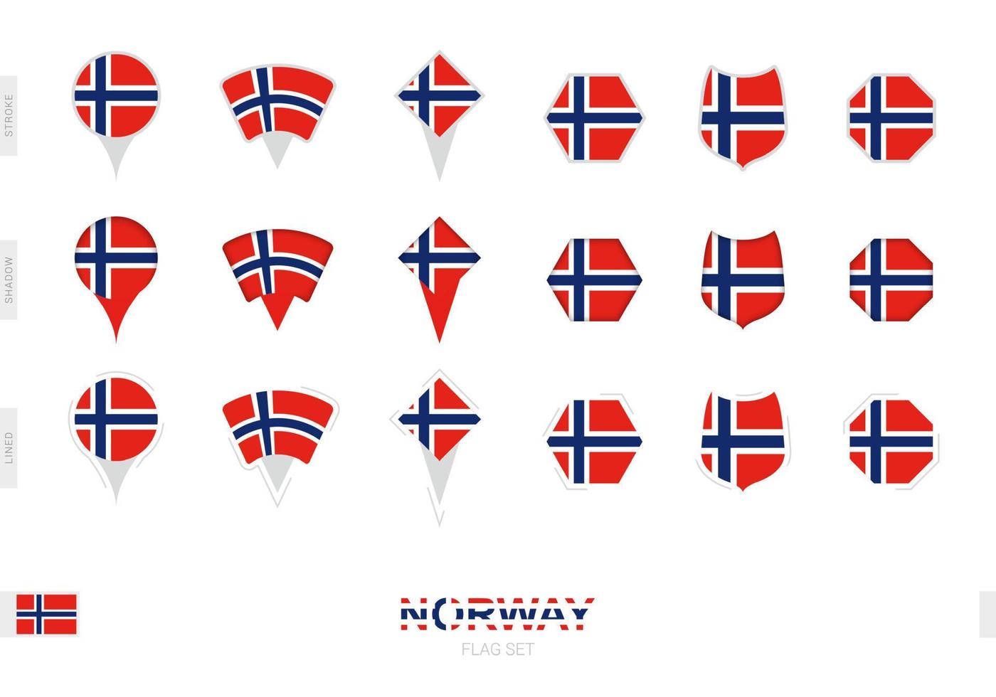 Collection of the Norway flag in different shapes and with three different effects. vector