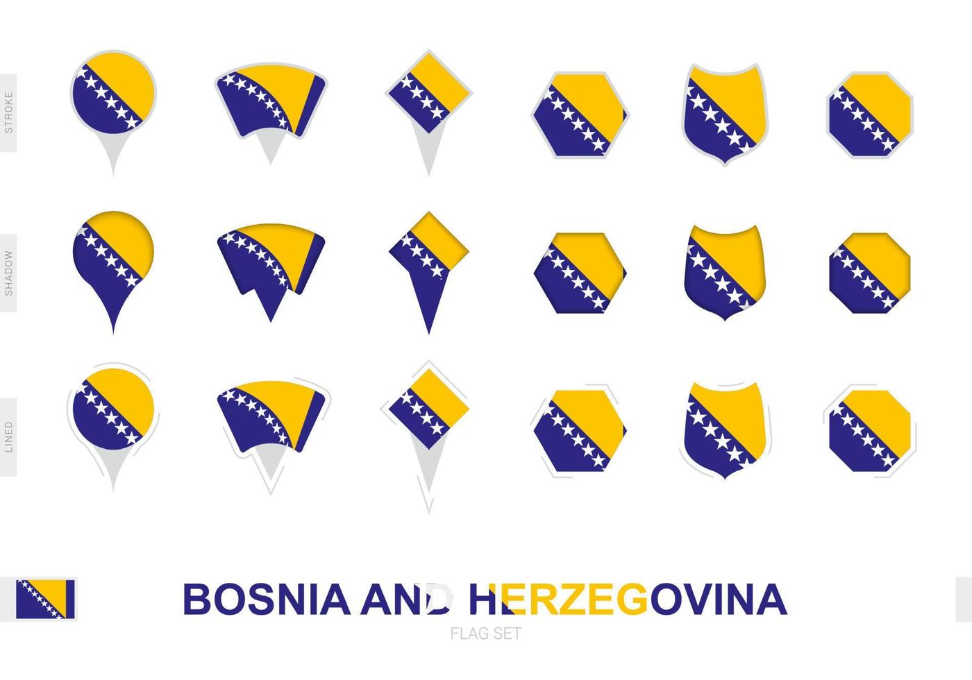 Collection of the Bosnia and Herzegovina flag in different shapes and with three different effects. vector