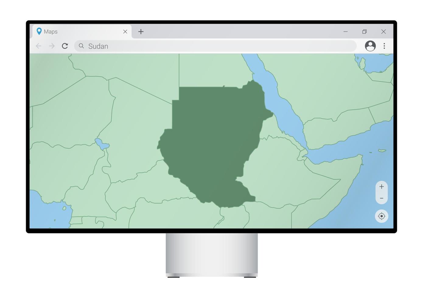 Computer monitor with map of Sudan in browser, search for the country of Sudan on the web mapping program. vector