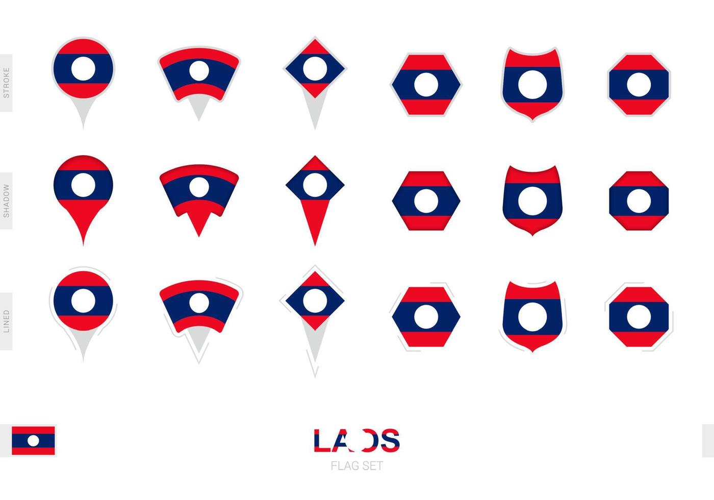 Collection of the Laos flag in different shapes and with three different effects. vector