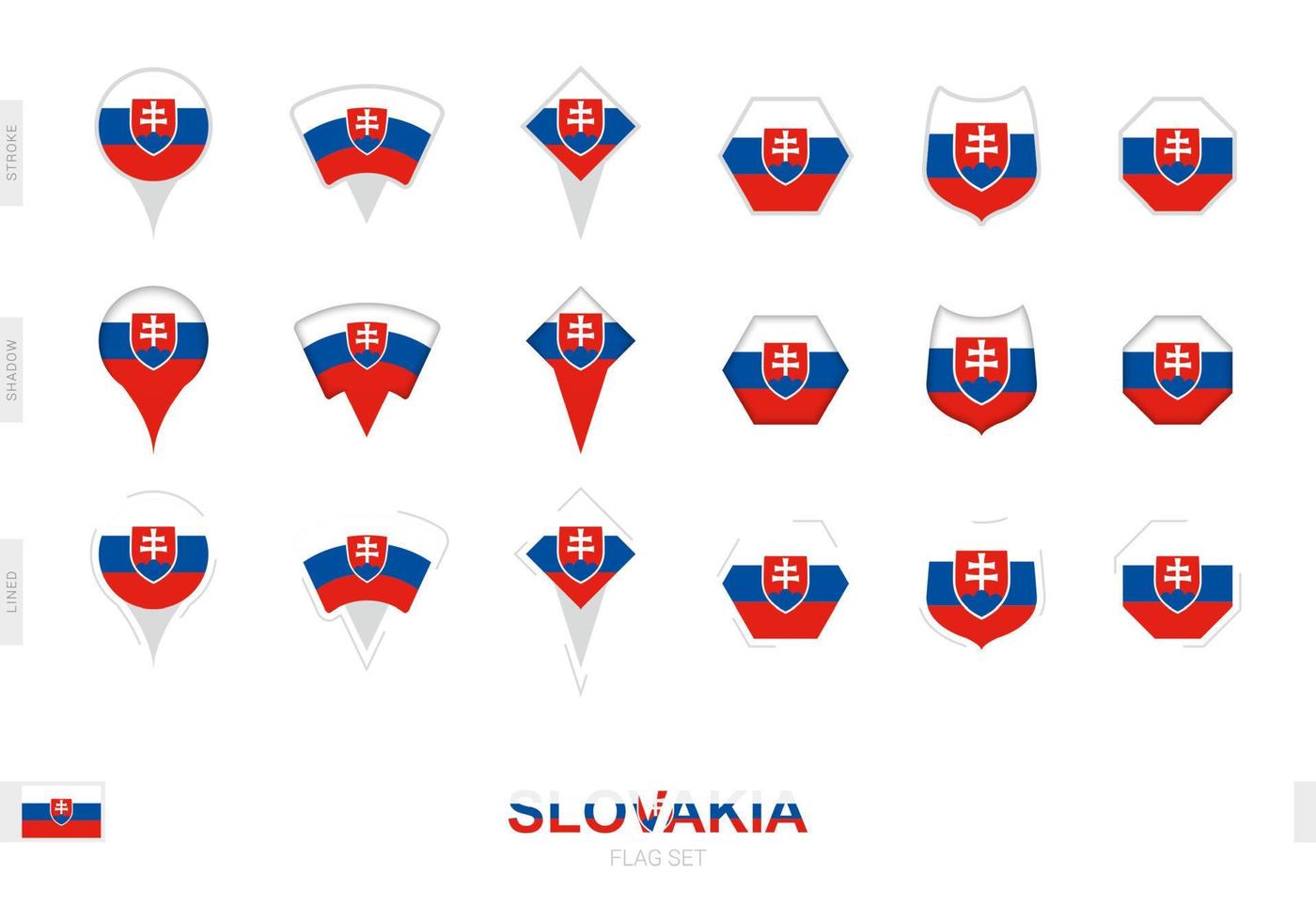 Collection of the Slovakia flag in different shapes and with three different effects. vector