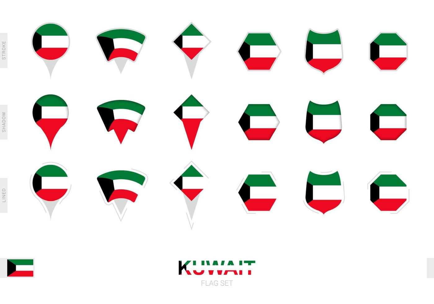 Collection of the Kuwait flag in different shapes and with three different effects. vector