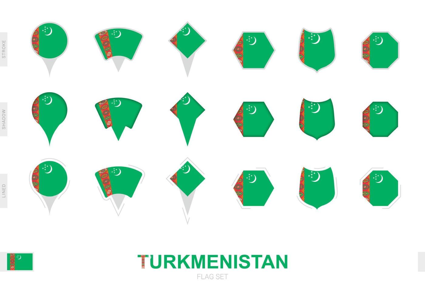 colección de la bandera de turkmenistán en diferentes formas y con tres efectos diferentes. vector