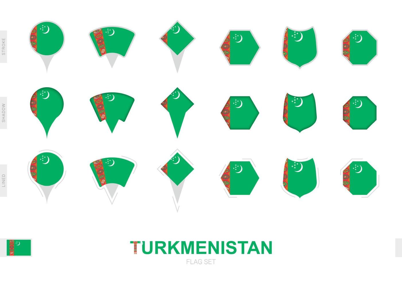 Collection of the Turkmenistan flag in different shapes and with three different effects. vector