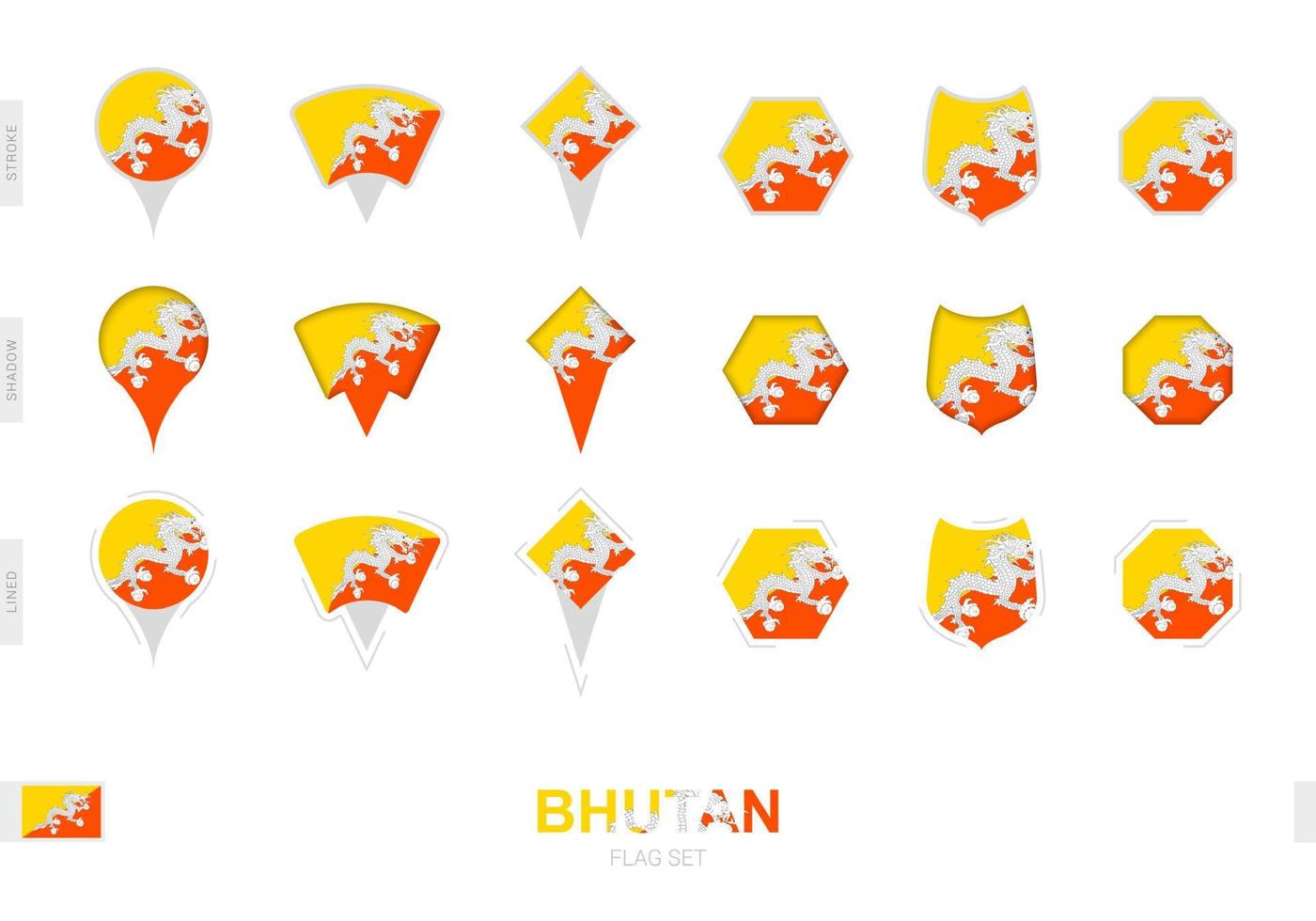 Collection of the Bhutan flag in different shapes and with three different effects. vector