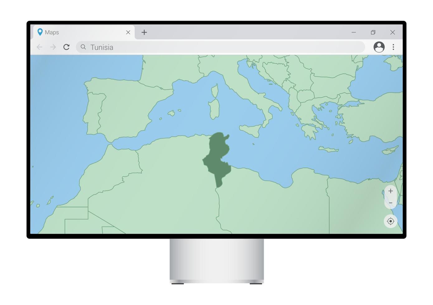 Computer monitor with map of Tunisia in browser, search for the country of Tunisia on the web mapping program. vector