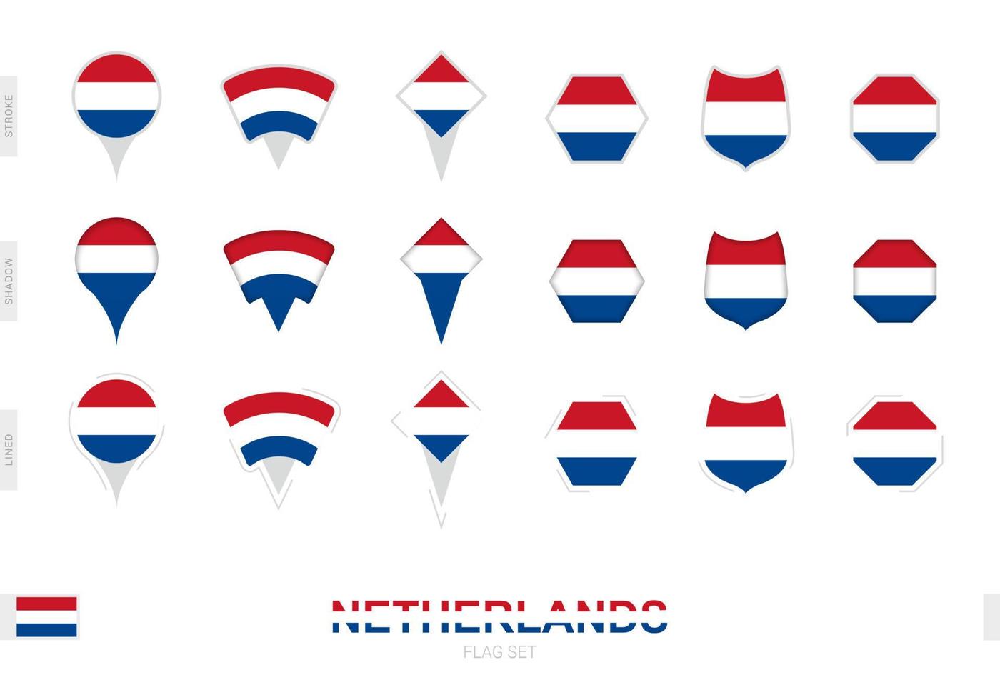 Collection of the Netherlands flag in different shapes and with three different effects. vector