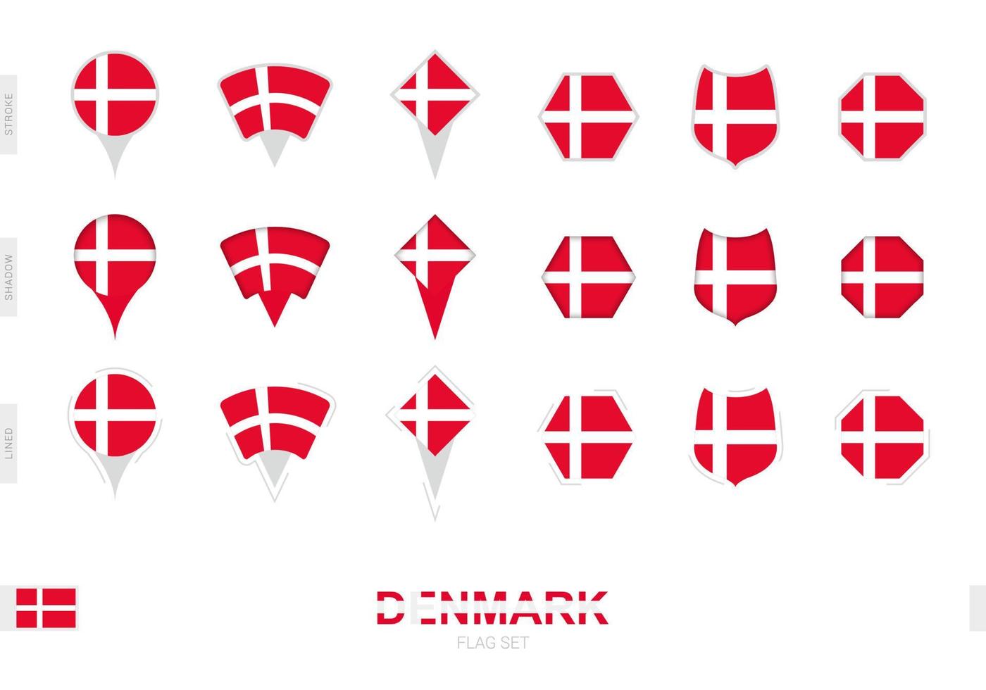Collection of the Denmark flag in different shapes and with three different effects. vector