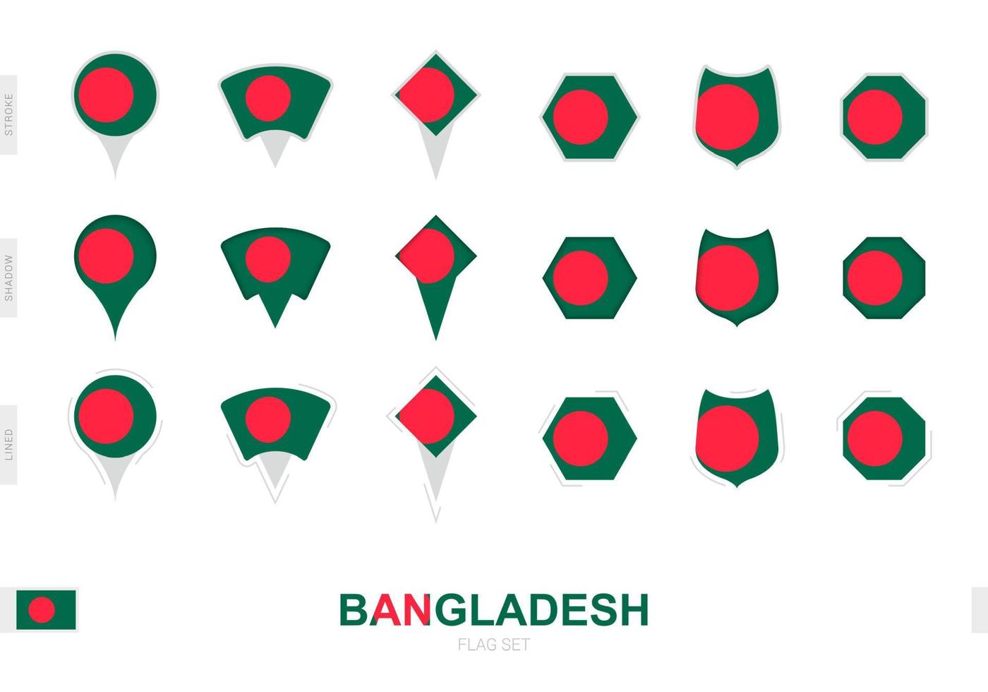 colección de la bandera de bangladesh en diferentes formas y con tres efectos diferentes. vector